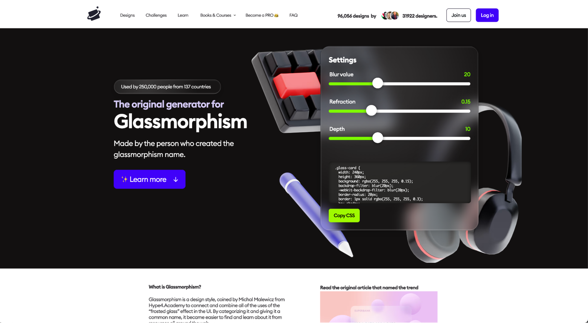 透明感のあるUIの一例(https://hype4.academy/tools/glassmorphism-generator)