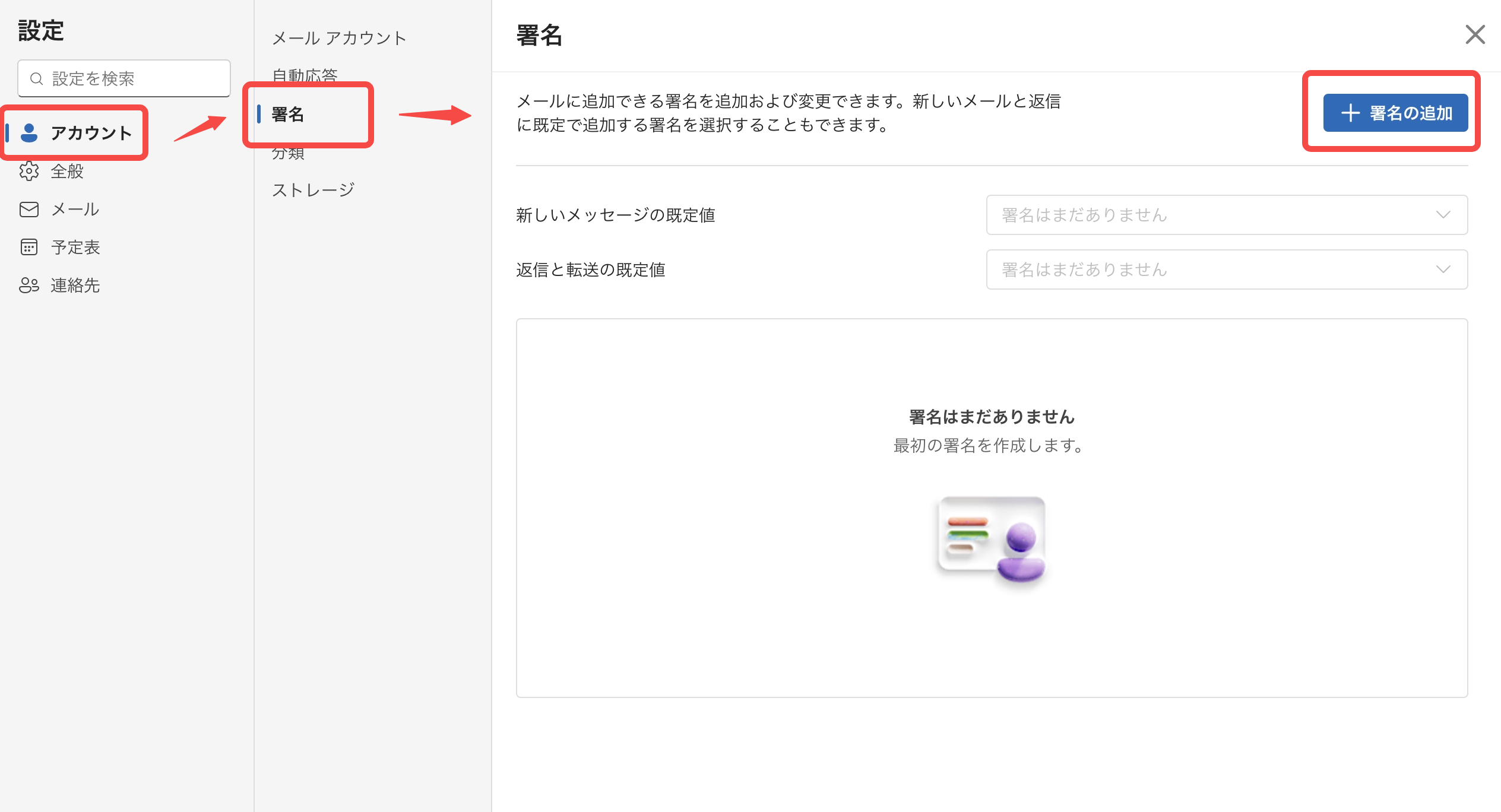 Outlookで新しい署名を追加する画面