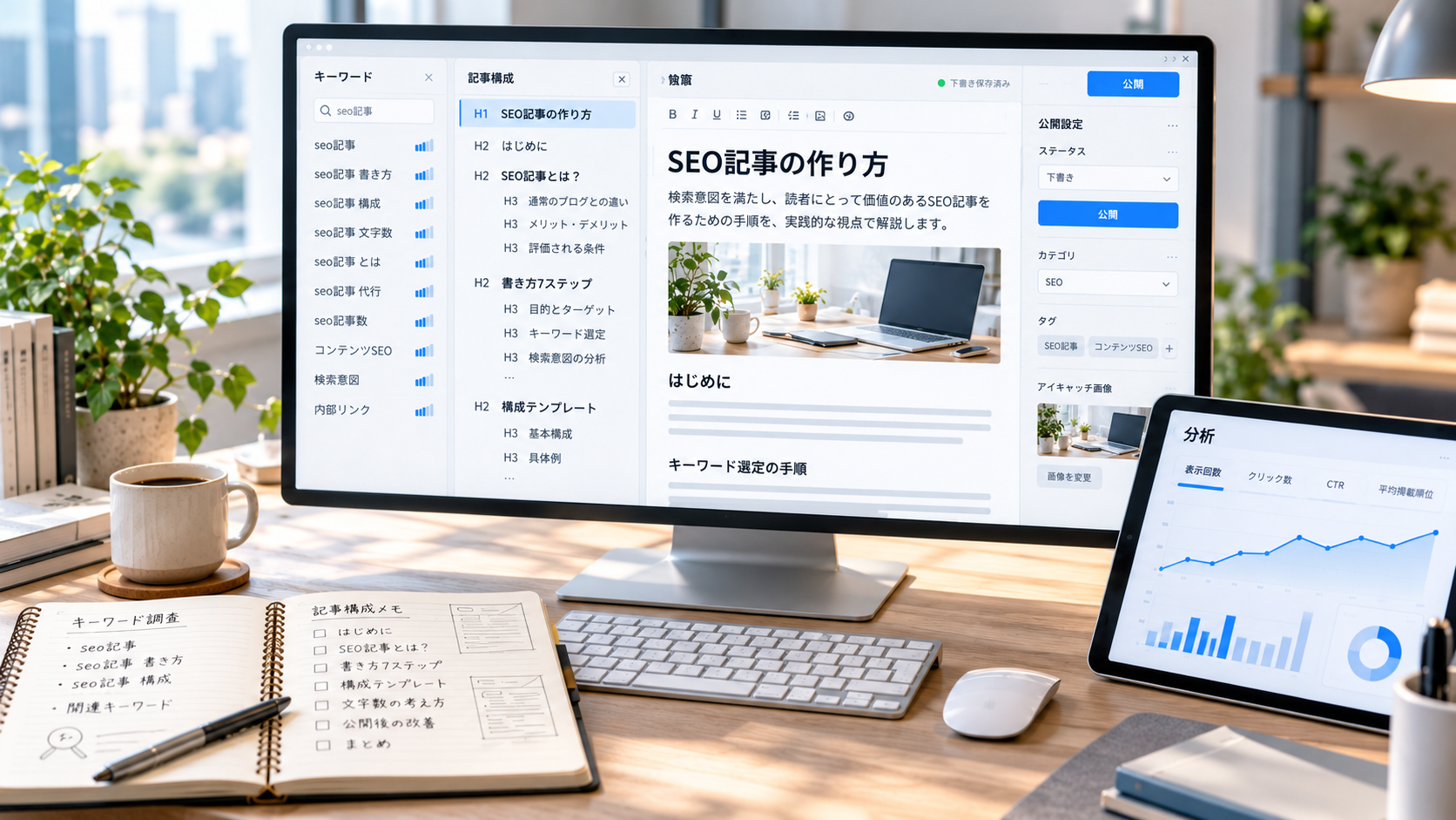 SEO記事の制作に必要なキーワード調査、構成作成、執筆、公開、効果測定の作業イメージ