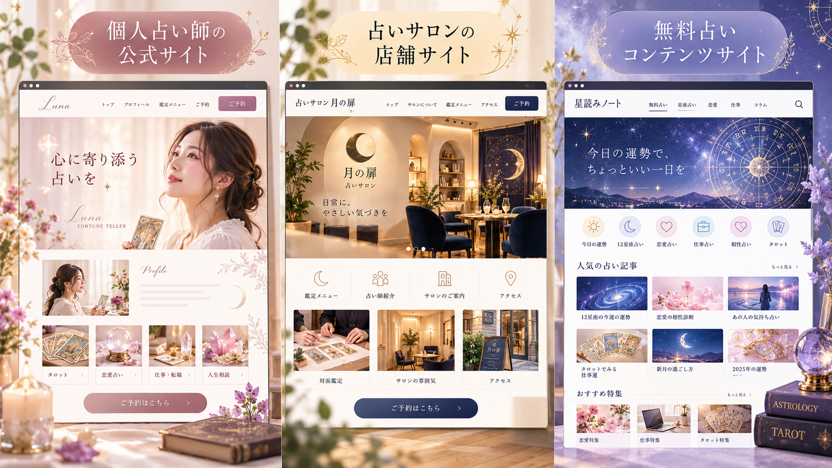 個人占い師の公式サイト、占いサロン、無料占いコンテンツサイトのデザイン比較。