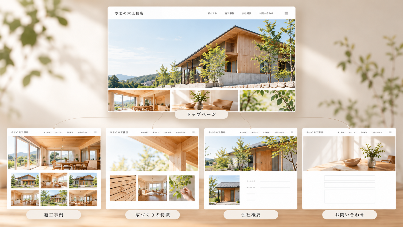工務店ホームページの基本構成例。トップページ、施工事例、家づくりの特徴、会社概要、お問い合わせページの配置
