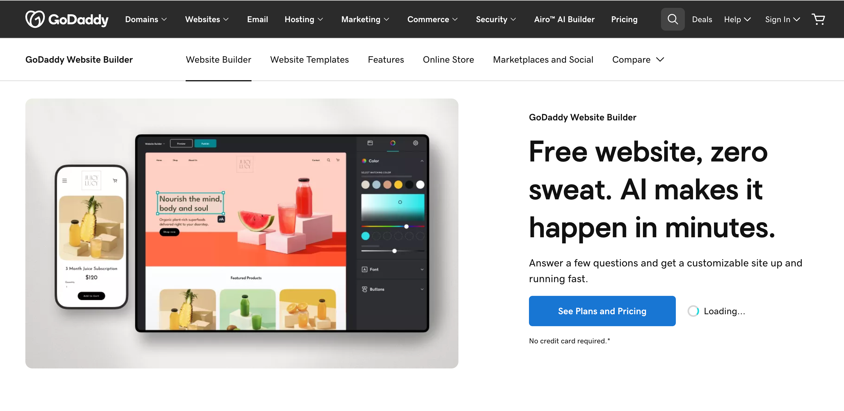 GoDaddy's website builder prioritises getting you online fast. The setup process asks a handful of questions, generates a starting point, and has you editing in minutes. 