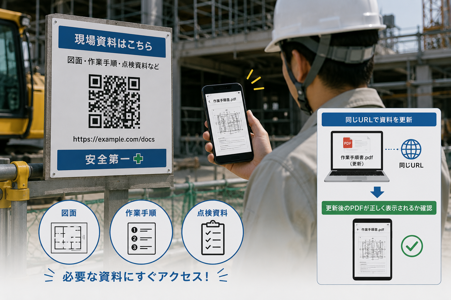 現場の掲示物や機材にQRコードを共有する
