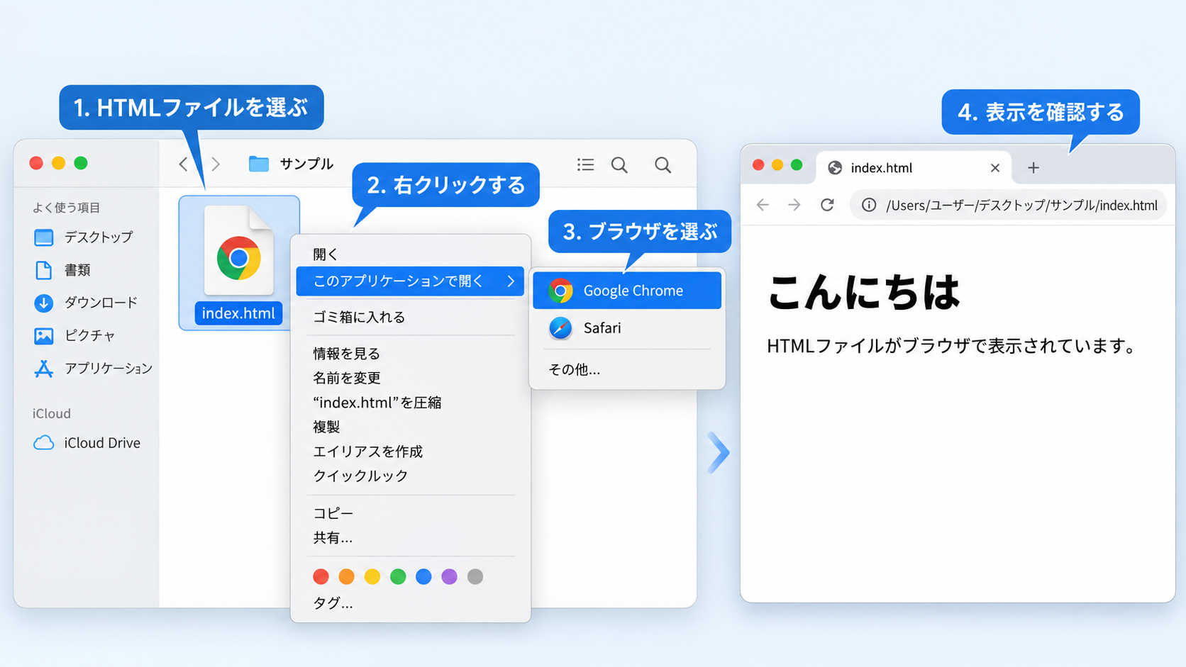 HTMLファイルを右クリックしてChromeなどのブラウザで開く手順