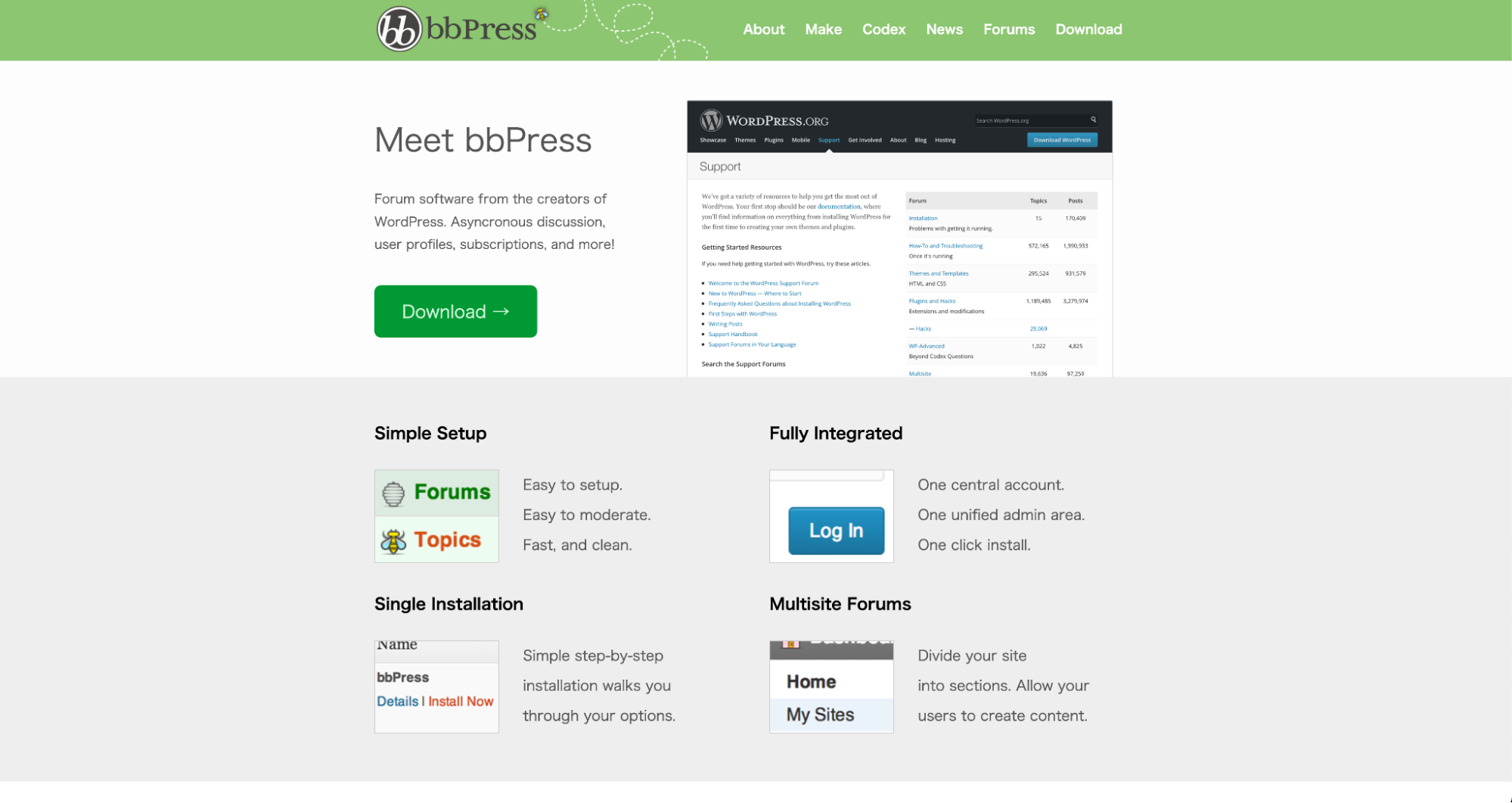 Wordpressの掲示板プラグイン「bbPress」のホームページ
