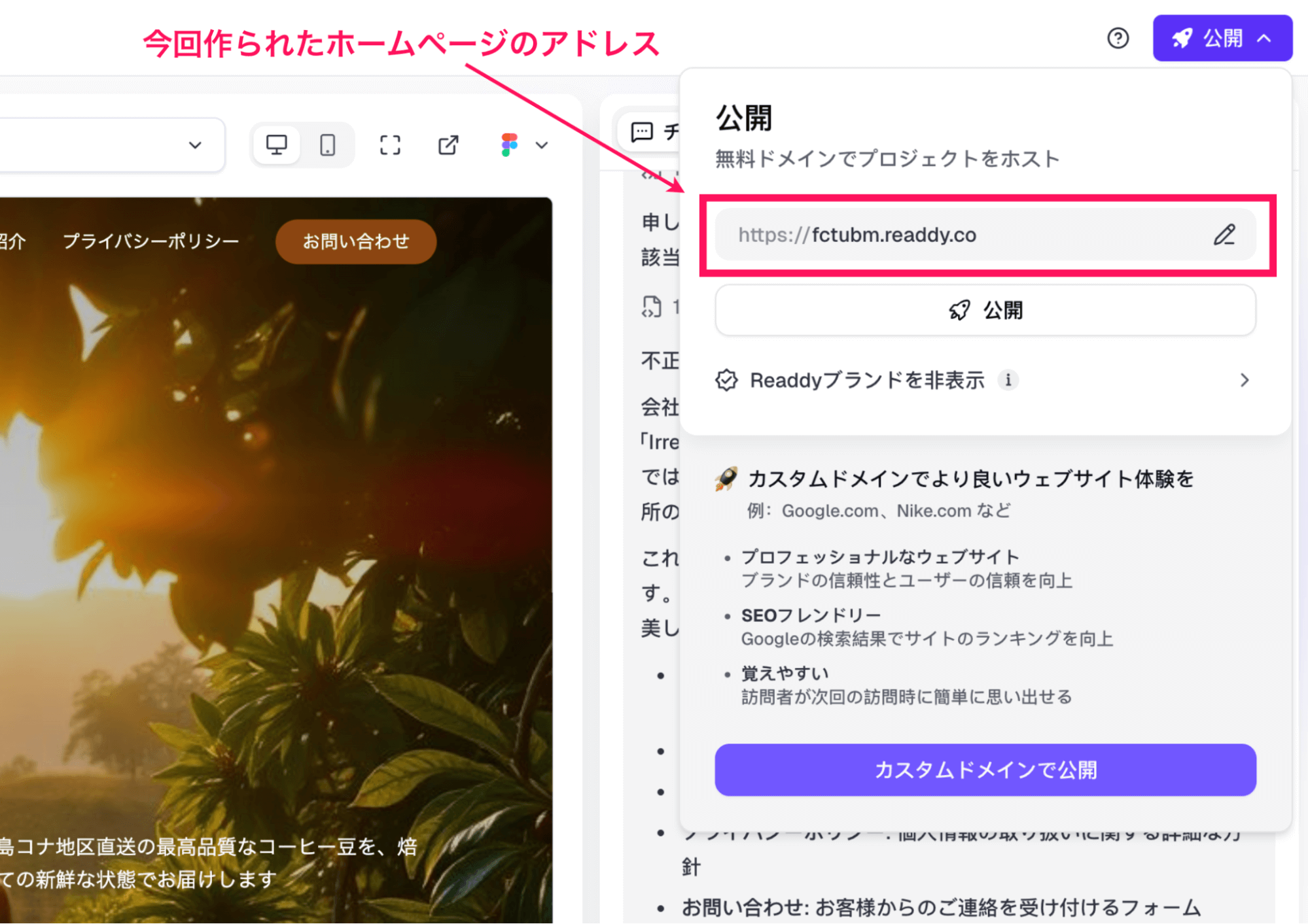 Readdy ホームページの公開設定画面