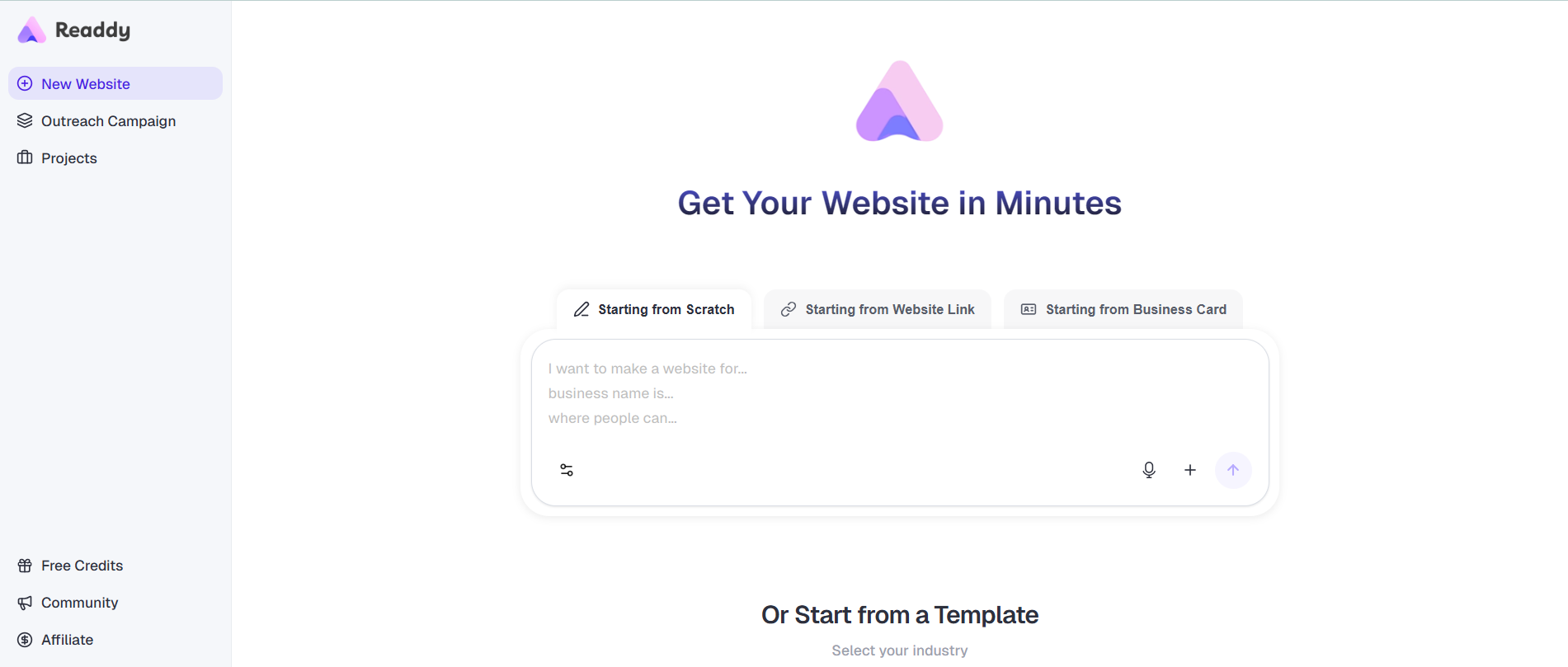 Readdy dashboard showing the "Get Your Website in Minutes" prompt interface with options to start from scratch, a website link, or a business card