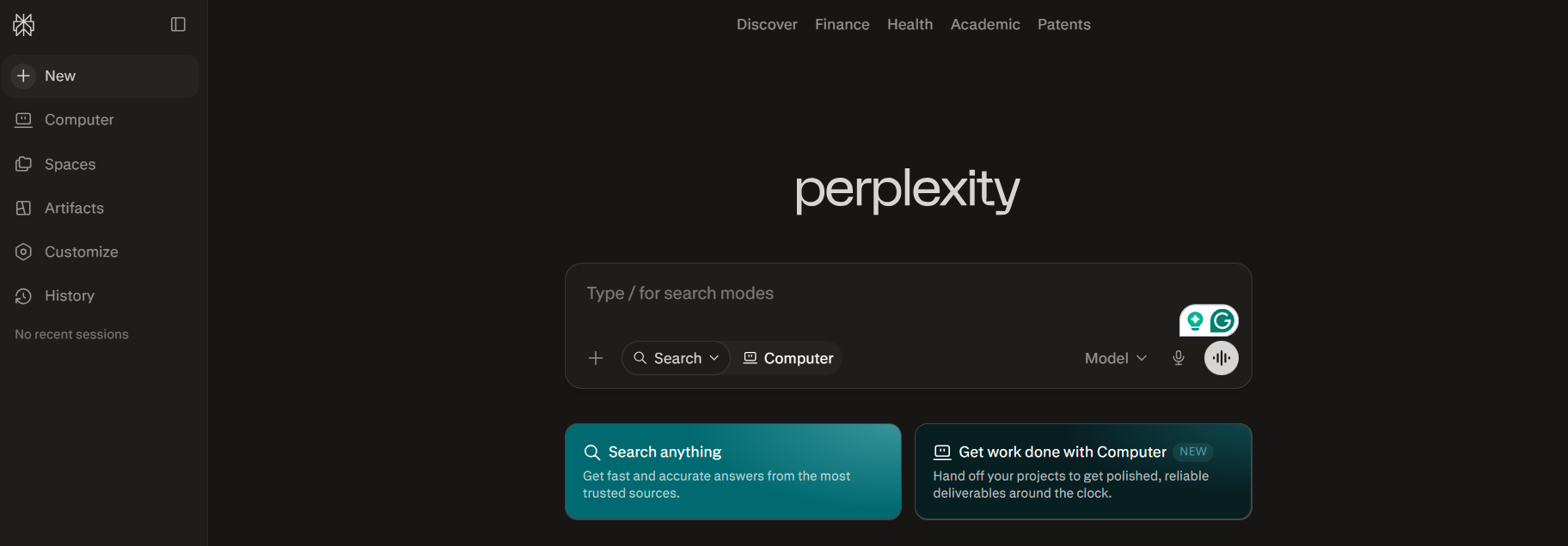 Perplexity AI homepage interface showing the search bar, Computer mode, and navigation options including Discover, Finance, Health, Academic, and Patents.