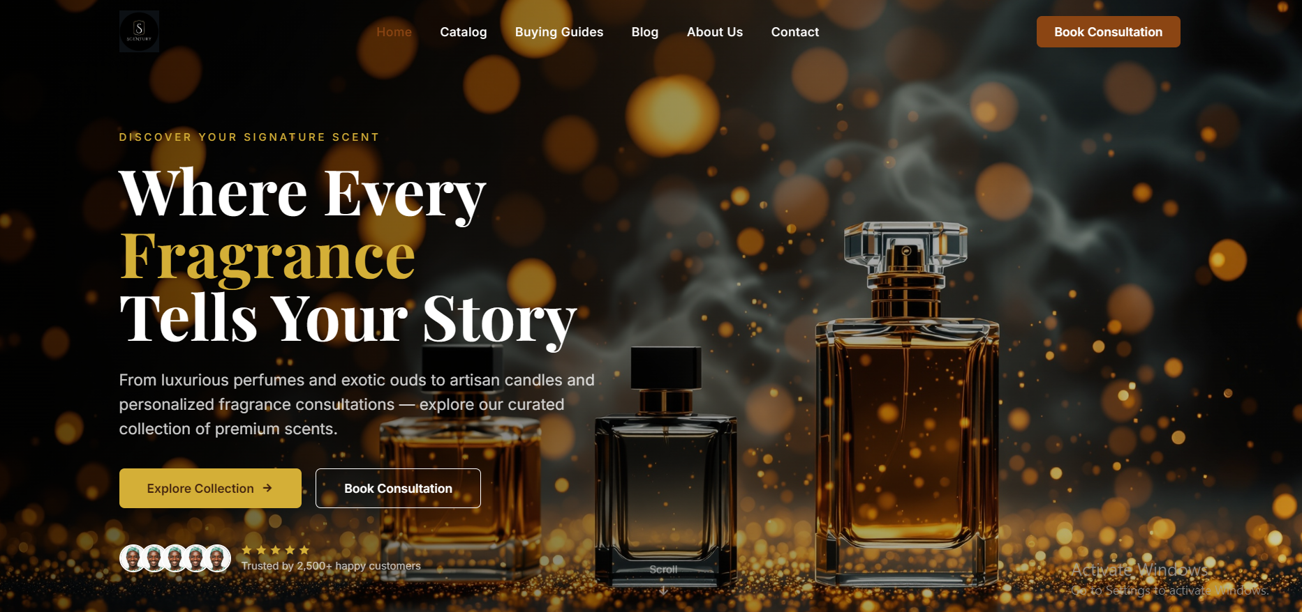 AI-generated homepage, using Readdy, for a perfume brand called Scentury, featuring a dark luxury design with gold bokeh effects, perfume bottles, and a "Book Consultation" call to action.