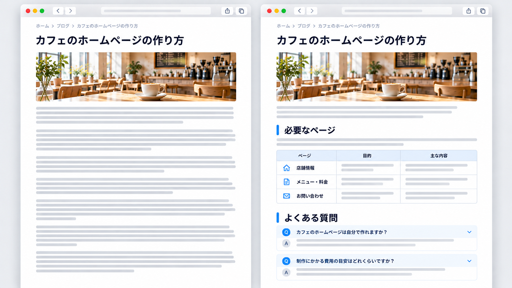 見出し、比較表、FAQを使ってSEO記事の情報を整理した場合の読みやすさの比較例