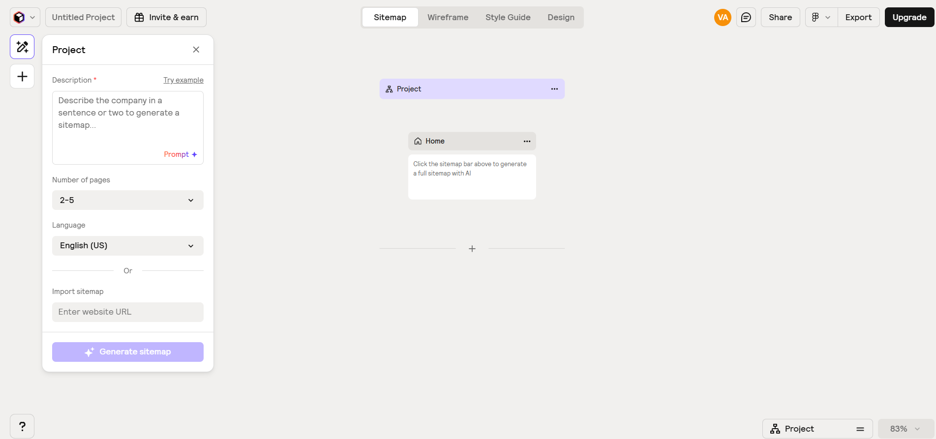 Relume's sitemap generator interface showing a project panel on the left with a description field, the number of pages selector set to 2-5, a URL import option, and a purple "Generate sitemap" button, alongside an empty sitemap canvas on the right with a Home page node.