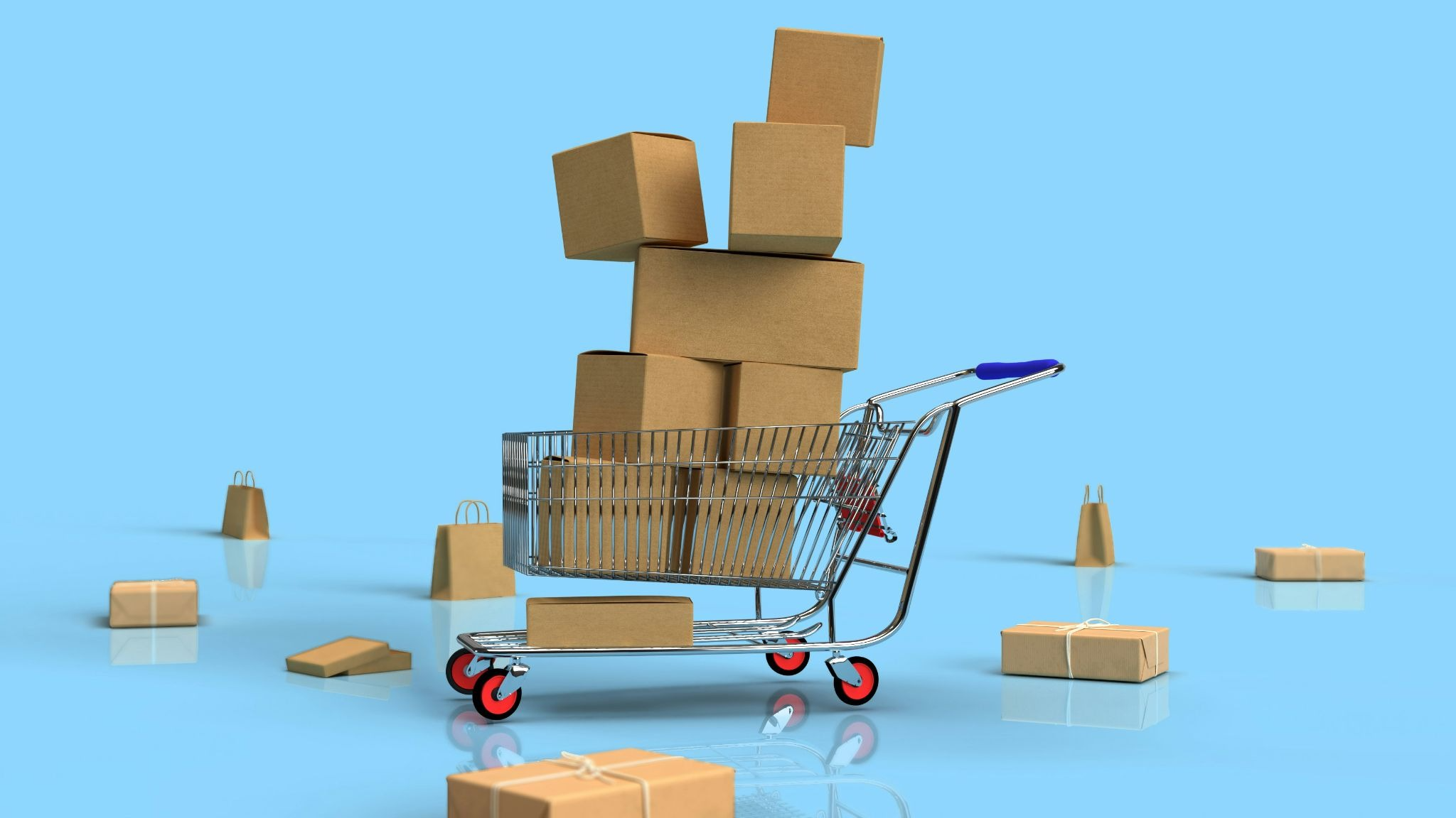 A shopping cart overflowing with stacked cardboard boxes, surrounded by paper shopping bags and wrapped parcels, set against a plain light blue background.