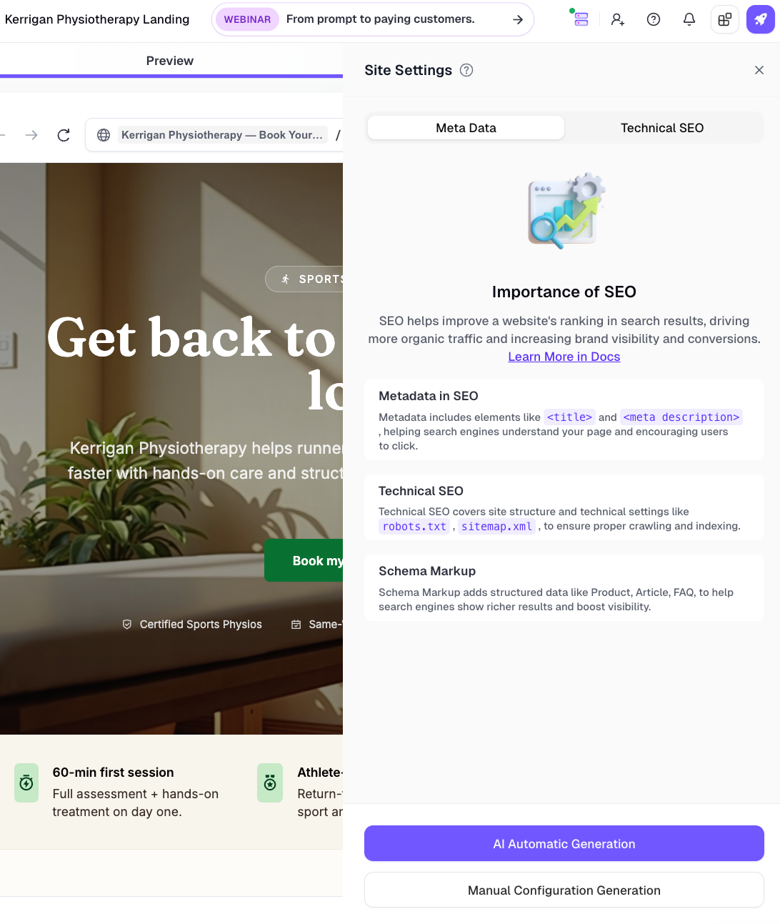 Landing page conversion optimization using built-in SEO and GEO tools before publishing