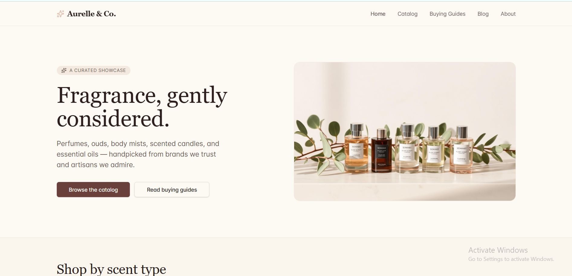 Sample fragrance store website built with Lovable AI, showing a clean, minimal design for Aurelle & Co. with a cream background, serif typography, and a curated perfume bottle product image
