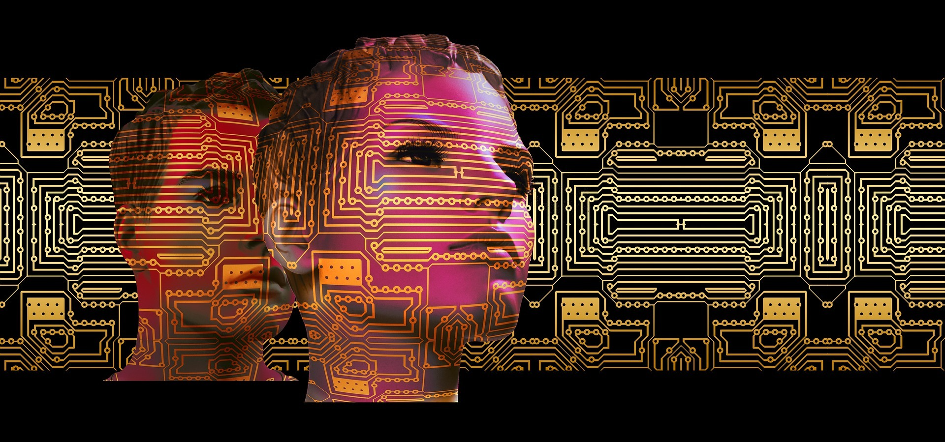 Two AI face sculptures overlaid with golden circuit board patterns on a black background.