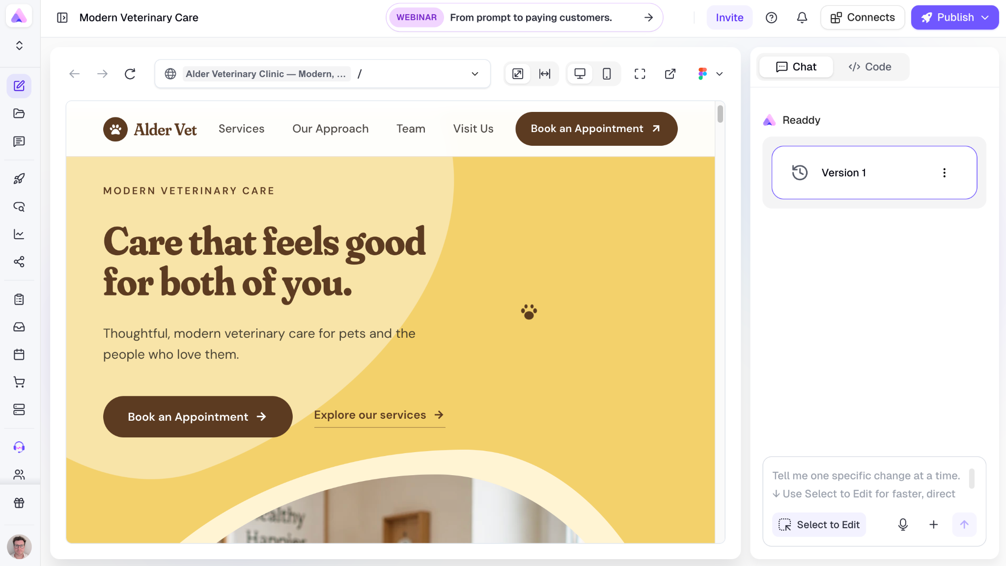 Readdy AI website builder generating a complete site compared with Hostinger AI website builder