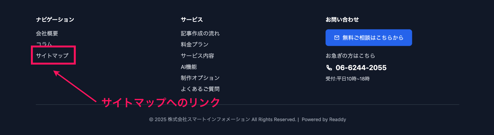 フッター部分にサイトマップが作成された様子