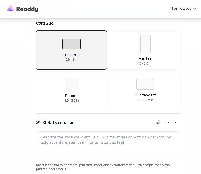 Readdy AI business card generator