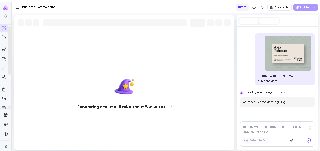 Creating a website from a business card using Readdy