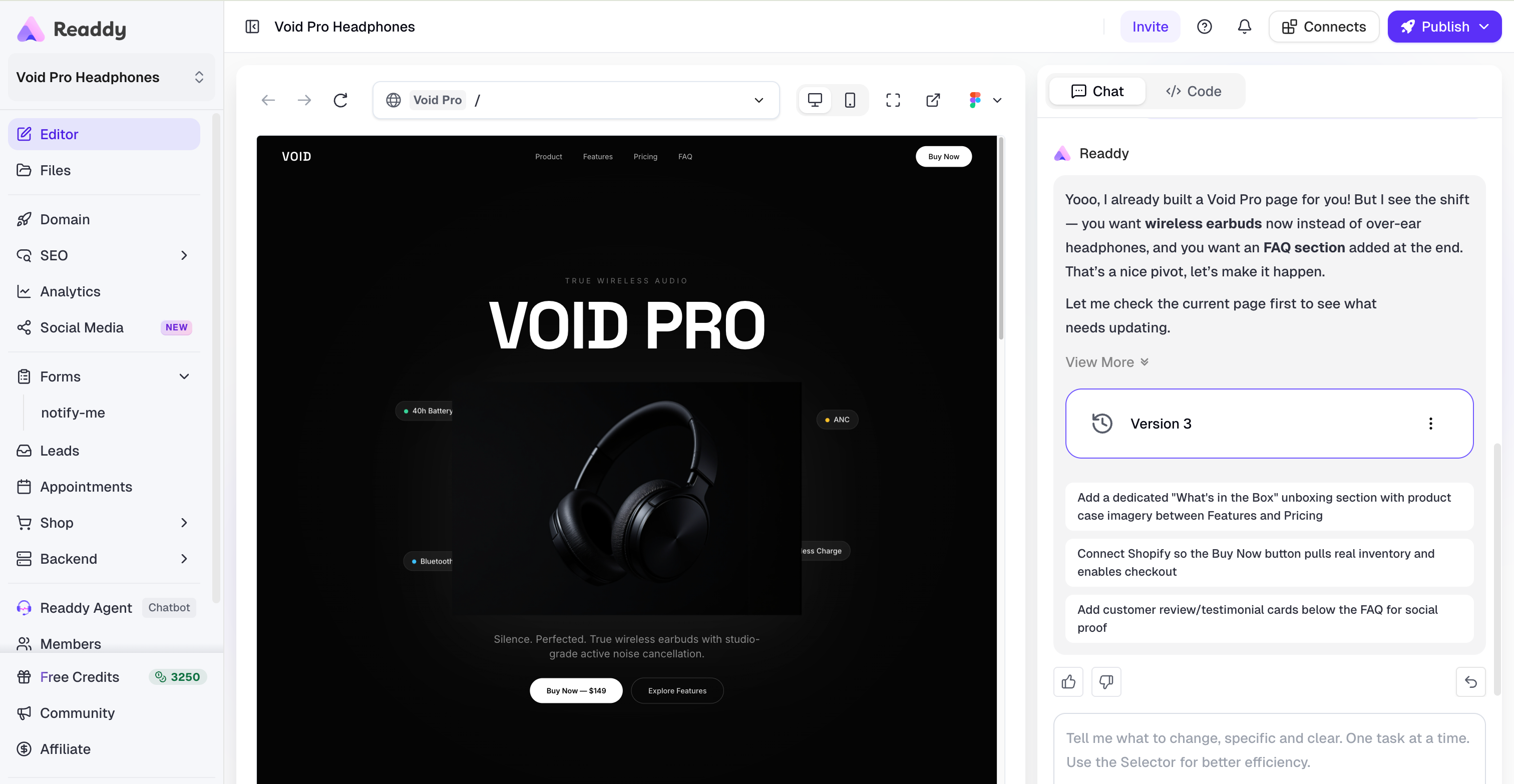 Once Readdy has generated your initial draft, you have full control over every element through the no-code visual editor.