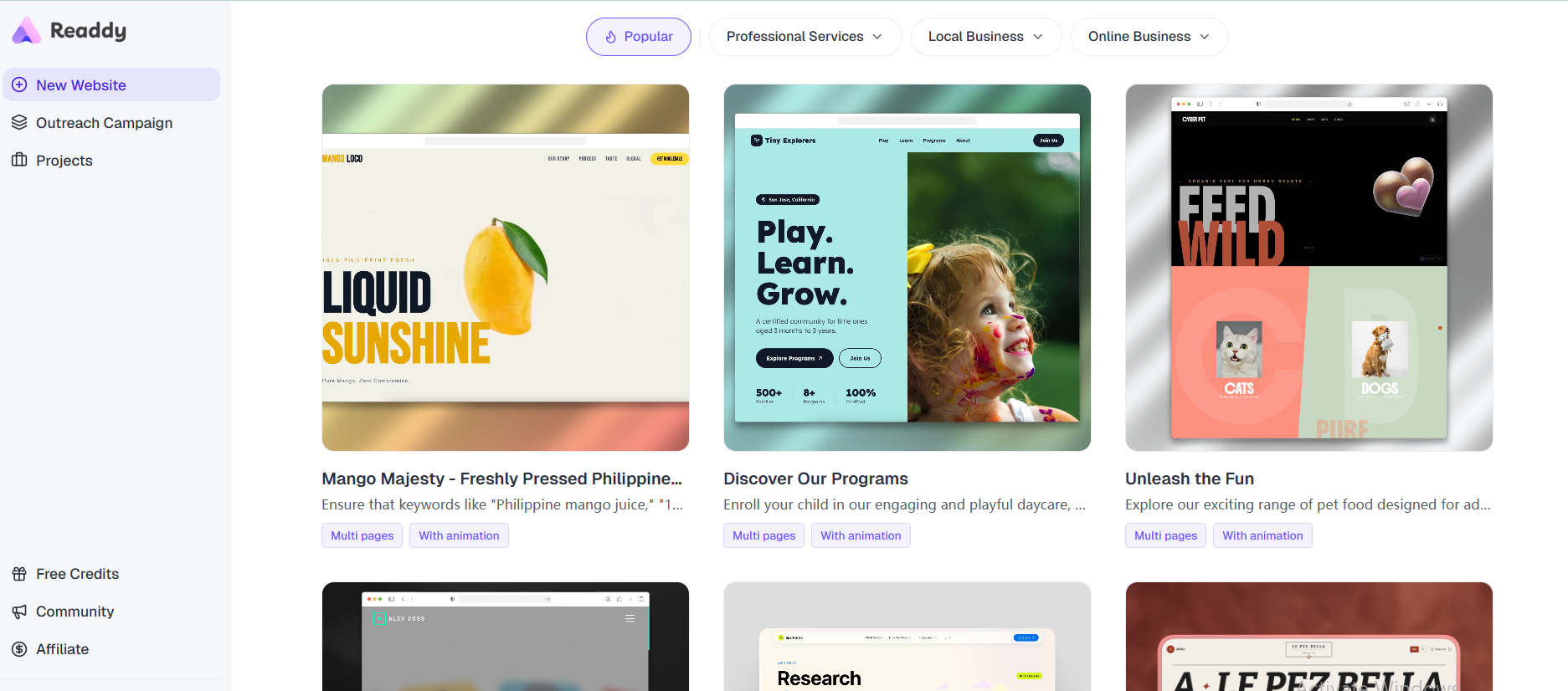 Screenshot of the Readdy platform's template gallery showing popular website templates, including a Philippine mango juice brand, a children's daycare program, and a pet food brand, with navigation options for New Website, Outreach Campaign, and Projects in the left sidebar. 