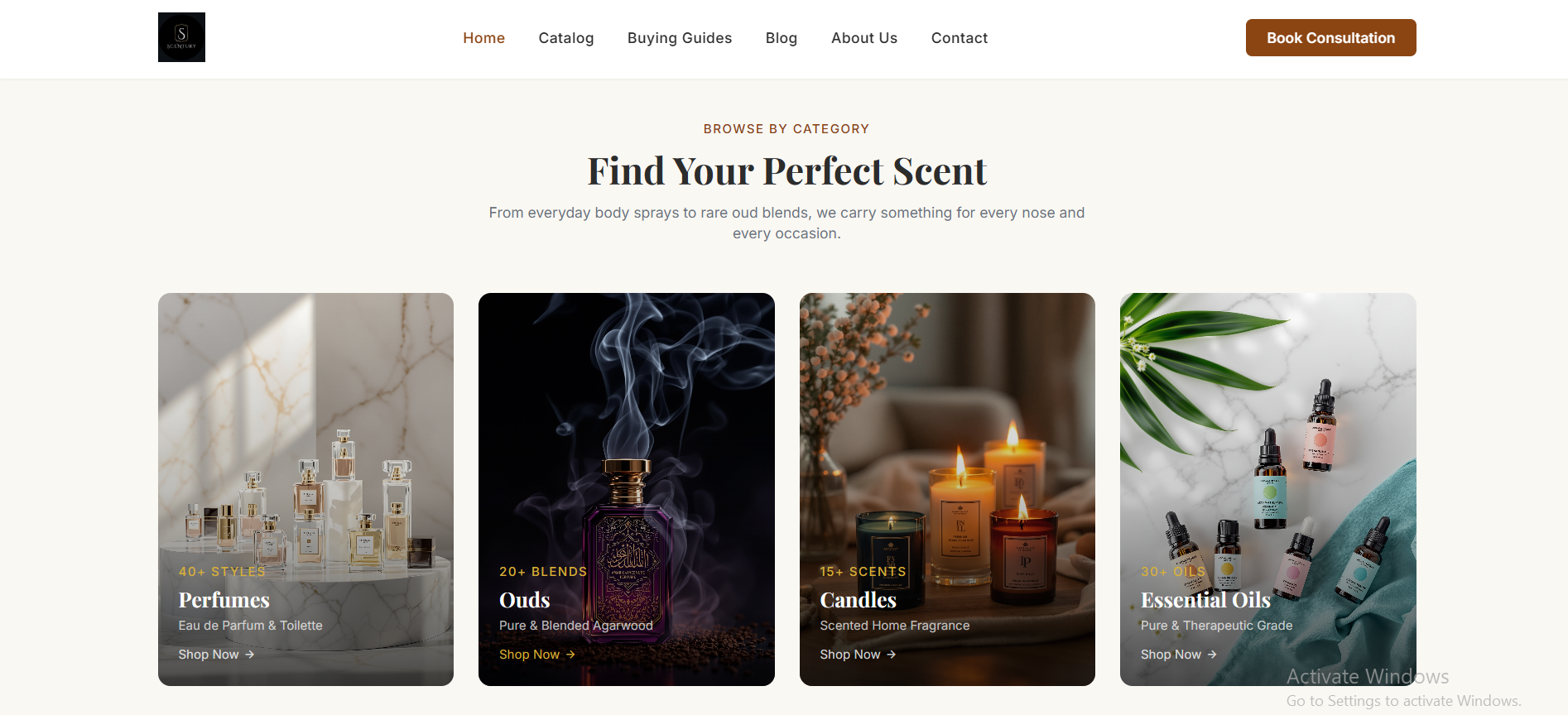 A multi-page fragrance store website built with Readdy, showing a product catalog page with category cards for perfumes, ouds, candles, and essential oils