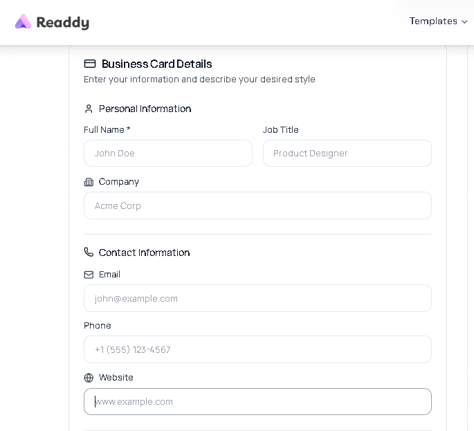 Readdy AI business card generator