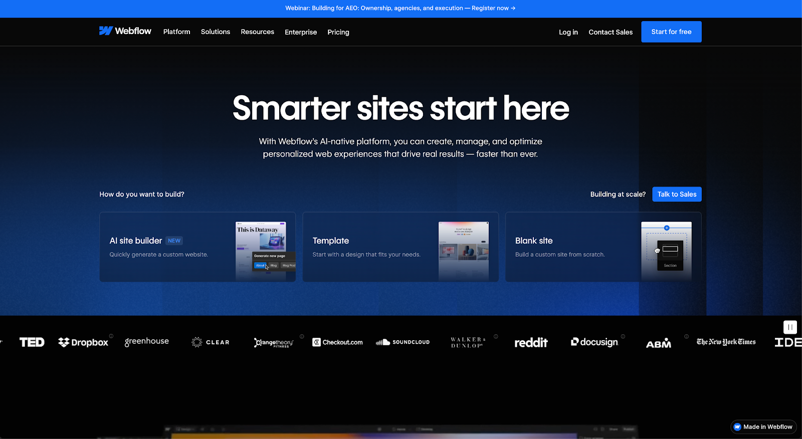 Webflow（ウェブフロー）のホームページ画面