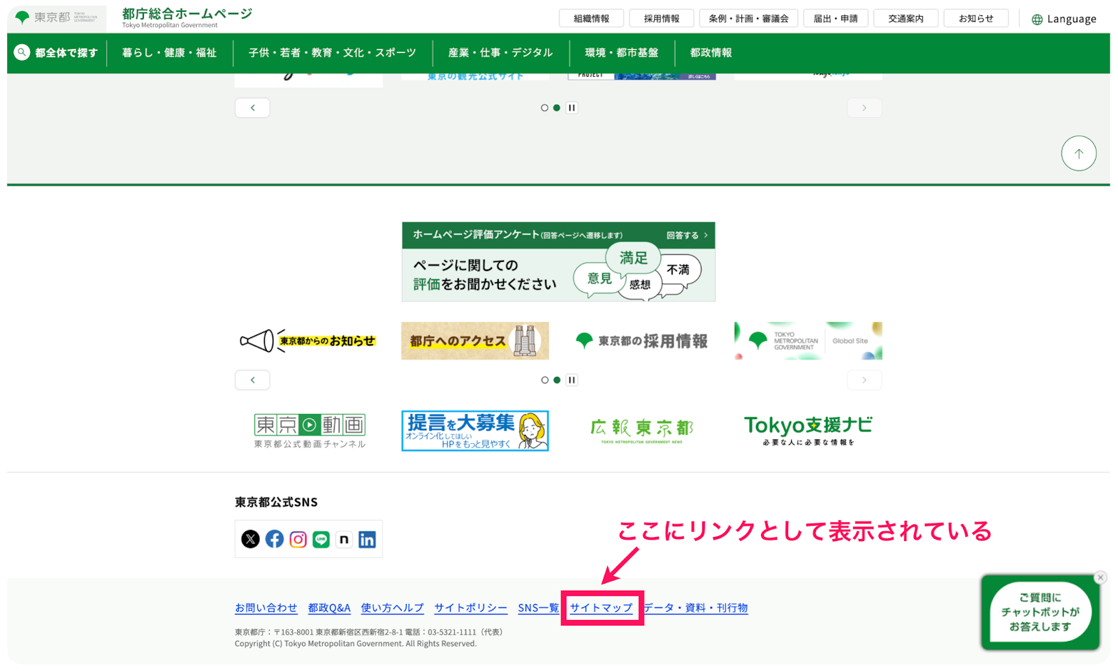 東京都公式ホームページに表示されている「サイトマップ」