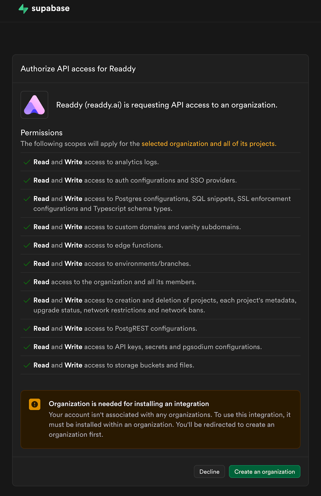 Authorize API access画面