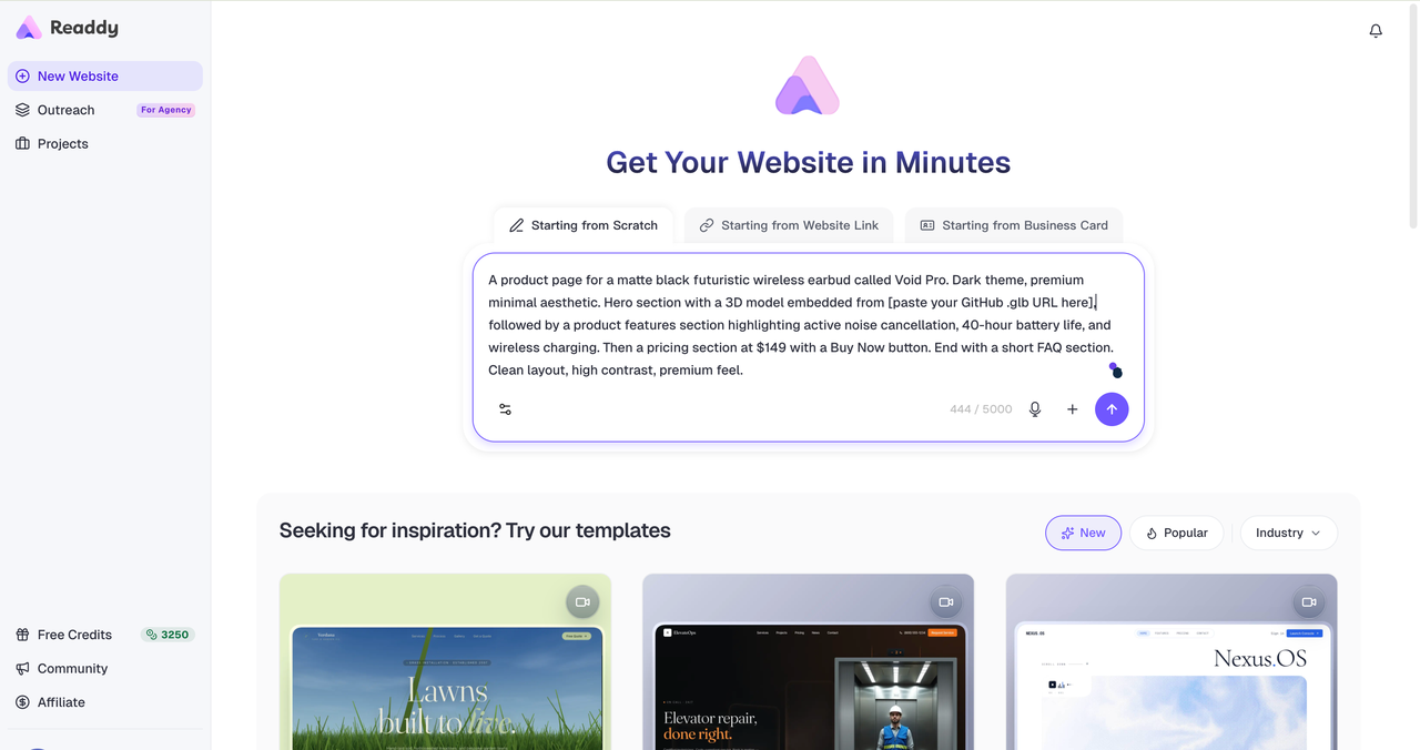 Readdy's AI takes a natural language description and turns it into a complete website. 