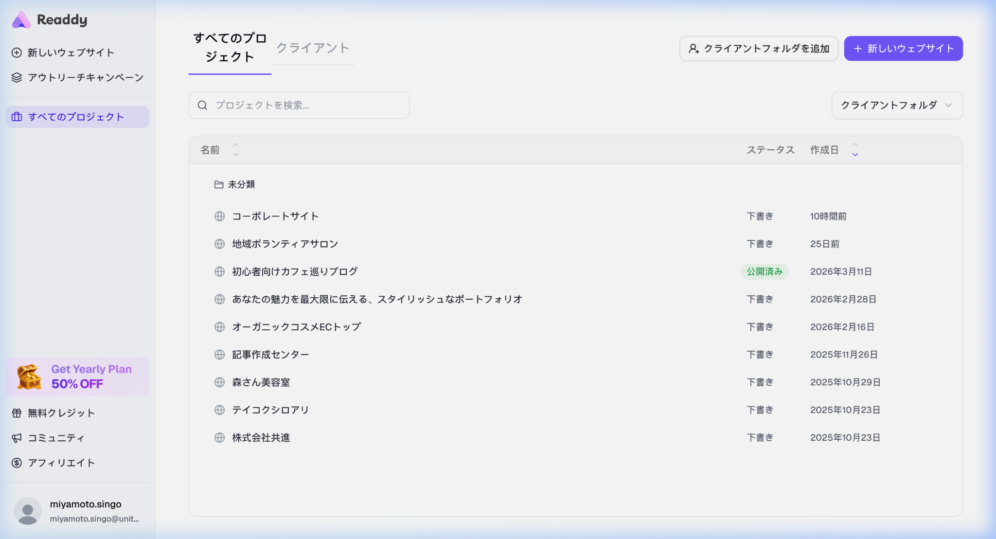 Readdyのダッシュボード画面