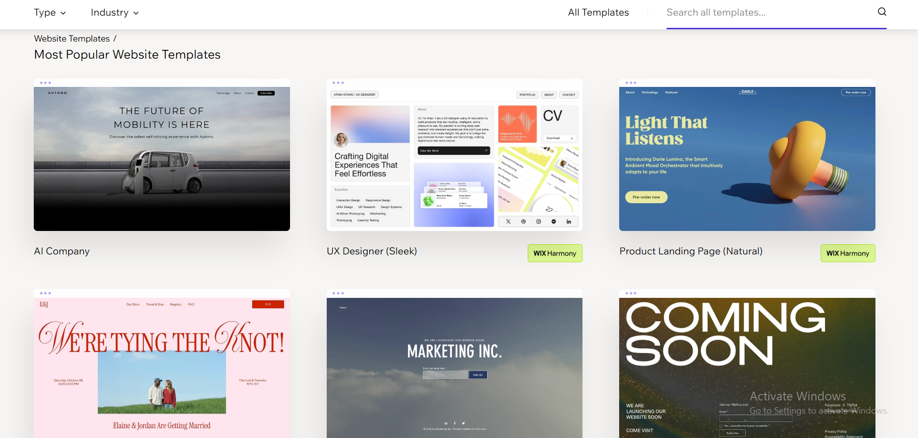 Wix's most popular website templates page showing designs for an AI company, a UX designer portfolio, a product landing page, a wedding site, and a coming soon page
