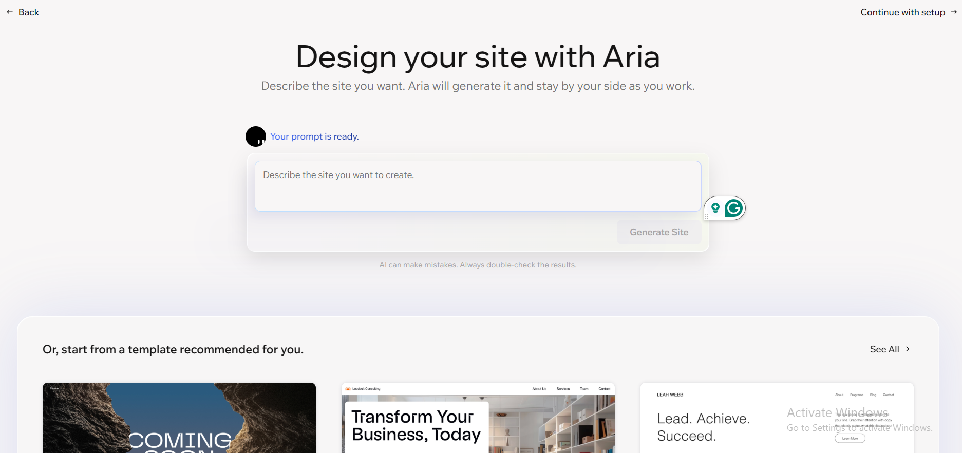 Screenshot of the Wix website builder's AI design interface titled 'Design your site with Aria,' featuring a text prompt field for describing a desired website, a Generate Site button, and a row of recommended starter templates below. 