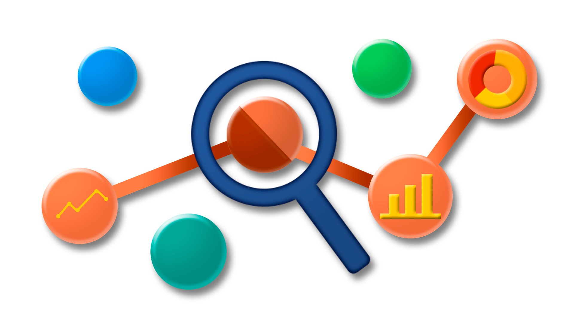 A white-background graphic showing a magnifying glass at the center connected to colorful circular icons representing analytics elements, including a line graph, a bar chart, and a pie chart, symbolizing website traffic analysis and data tracking.