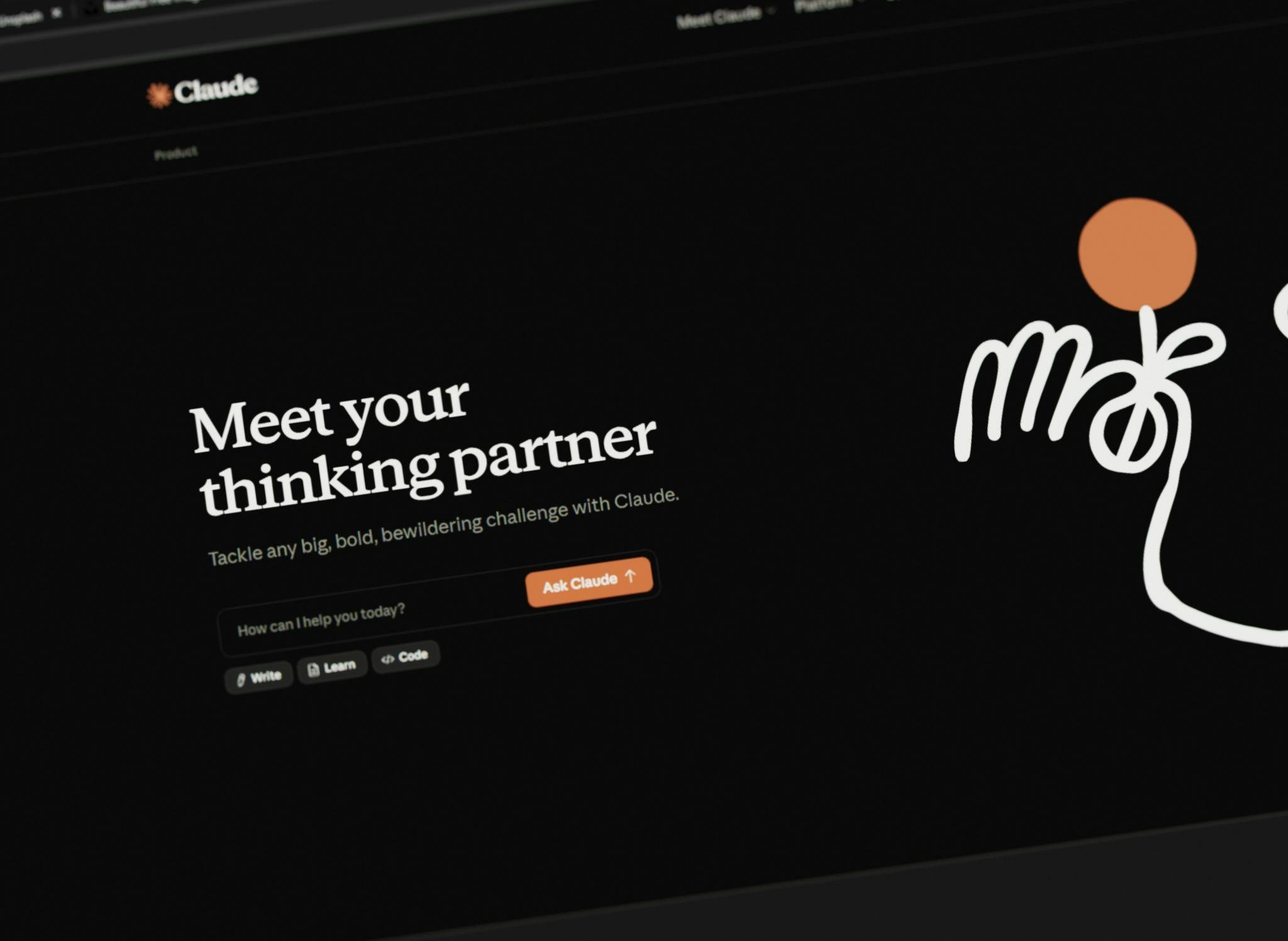 Screenshot of Claude's homepage showing the headline 'Meet your thinking partner' with a chat input box reading 'How can I help you today?' and an orange 'Ask Claude' button, set against a dark background with Claude's asterisk logo.