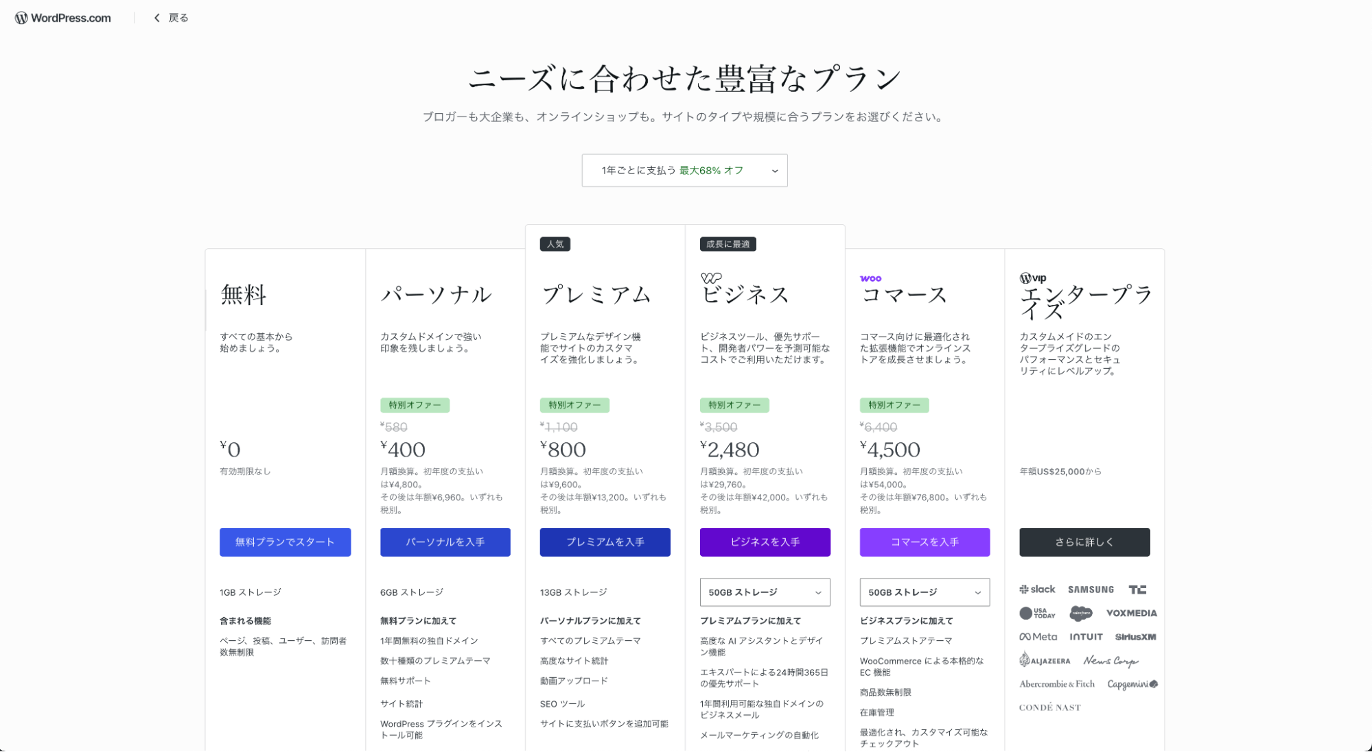 WordPressプランの選択画面